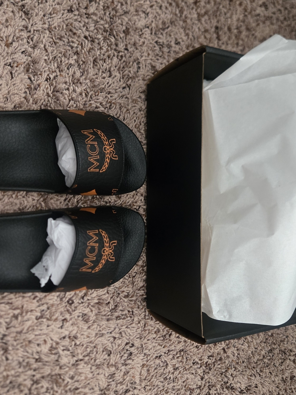 MCM Black & Orange Logo Slide Sandals - Picture 8 of 13
